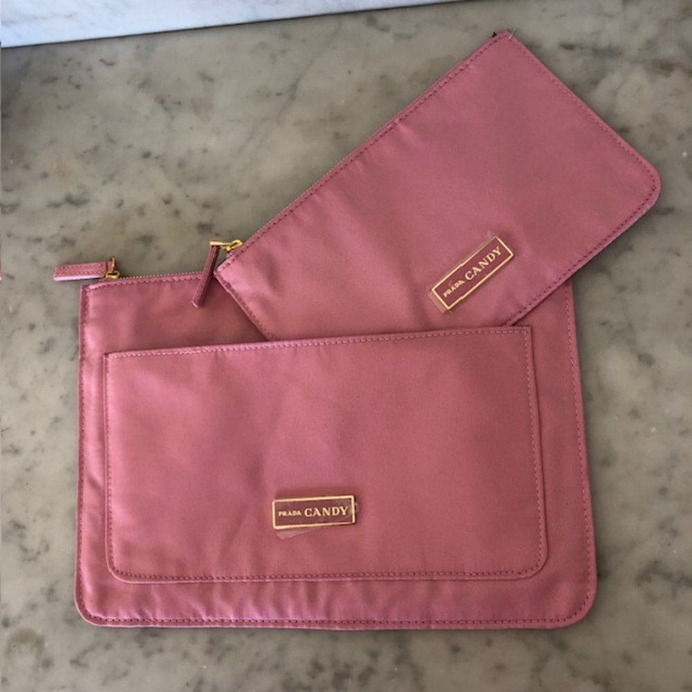 PRADA CANDY Set of Cosmetic Bags Pink Fabric Zip Top Rectangular NWOT
